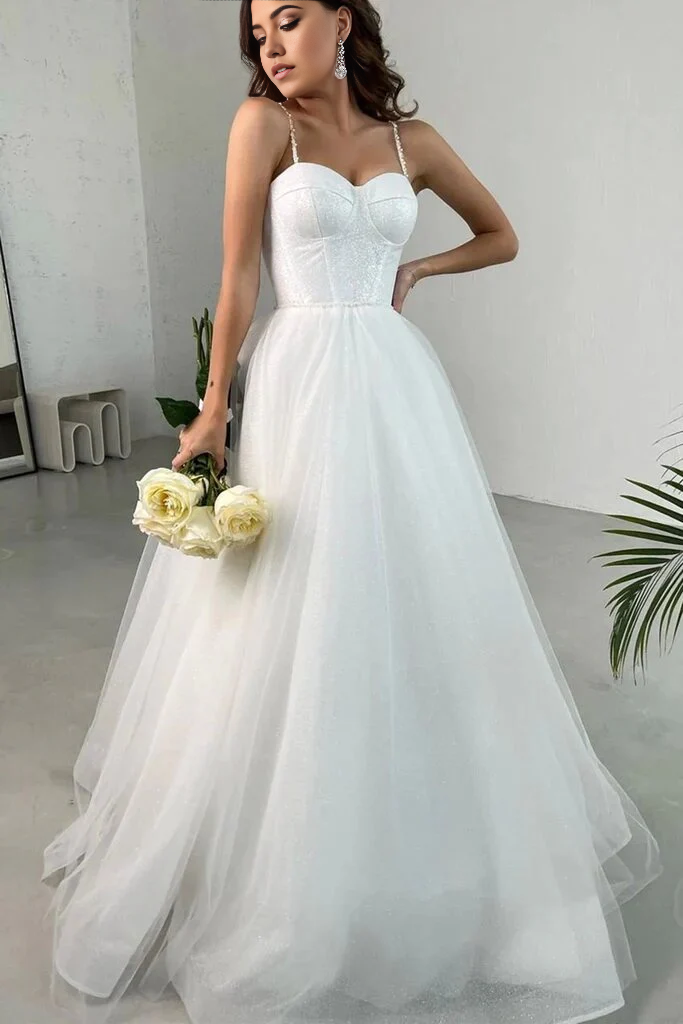 Vestidos de fiesta largos de tul blanco brillante con cuello de corazón, vestidos de noche formales, vestidos de novia